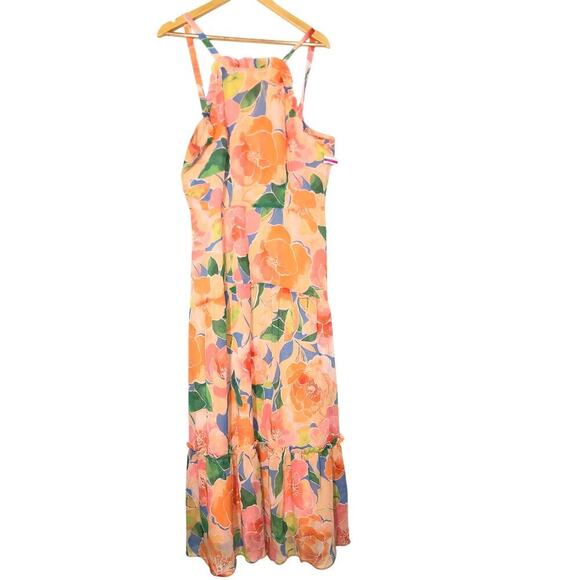 Maggy London Saoirse Dress Floral Halter Ruffle Tiered Maxi Sky Blue Peach 16 - Picture 2 of 10